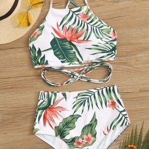 Tropical crisscross high waisted 2pc bathing suit
